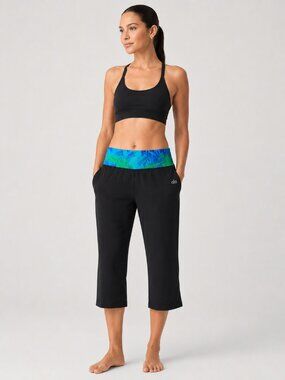Alo Yoga Wide Leg Yoga Pants Black Blue Waistband Women’s Activewear Size XS